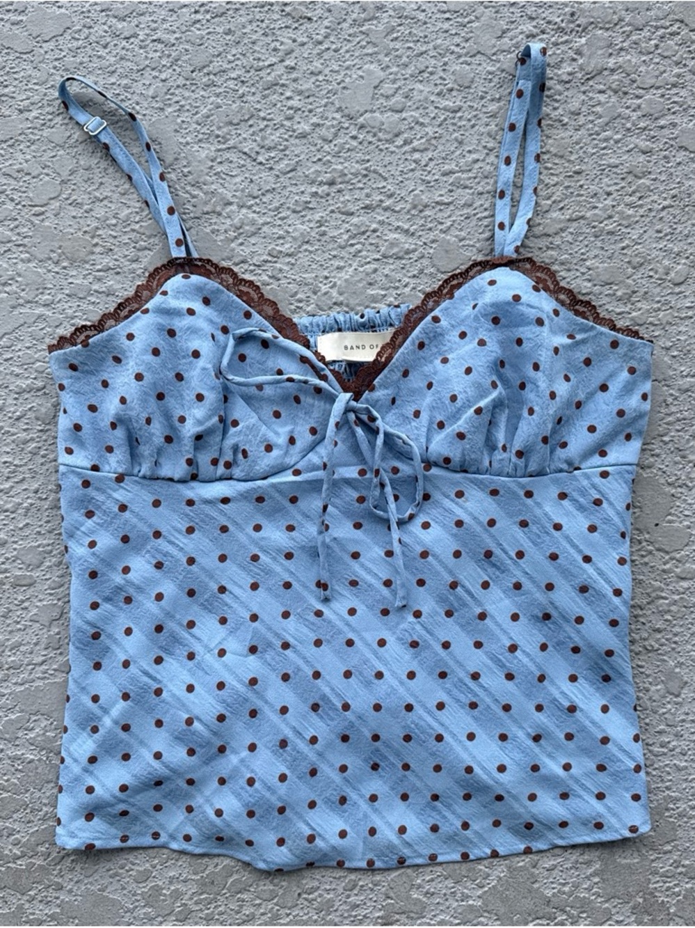 Band of the Free periwinkle blue polka dot brown lace tank top